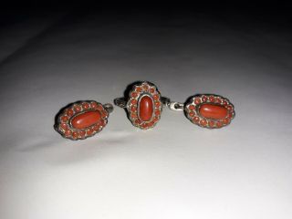 Vintage Sterling Silver 925 Coral Ring Earrings Set 2