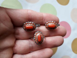 Vintage Sterling Silver 925 Coral Ring Earrings Set 3