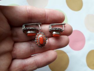 Vintage Sterling Silver 925 Coral Ring Earrings Set 4