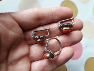 Vintage Sterling Silver 925 Coral Ring Earrings Set 5