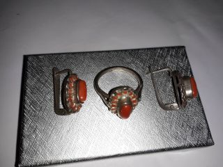Vintage Sterling Silver 925 Coral Ring Earrings Set 6