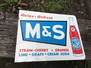 Vintage Relax - Refresh with M&S Sodas Flint Michigan 2 Sided Ad Flange Sign 3