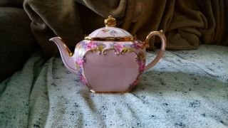 Exquisite Vintage Sadler Cube Teapot Pink Roses W/ Gold Trim 2031jd