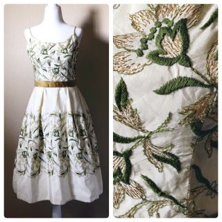 Vintage 1950’s 50’s Taffeta Floral Embroidered Party Dress Xxs Xs