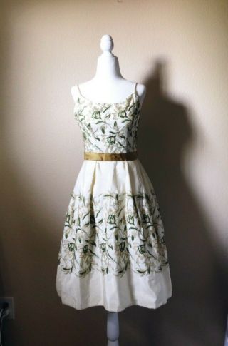 Vintage 1950’s 50’s taffeta floral embroidered party dress XXS XS 2