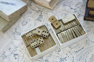 Nos 56 Vintage Solid Brass Dominos,  In Wooden Boxes,  Heavy For Size
