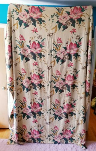 Vintage 40s Barkcloth Fabric 90x95 Curtain Panels Lush Pink Floral Jade Speckles