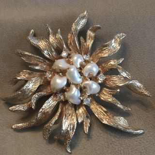 Vintage Brooch Signed Boucher Starburst Flower Baroque Style Pearl & 1 Earring.