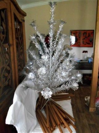 Vintage Pom Pom Royal Pine Aluminum Silver Christmas Tree 4.  5 ft Box 41 Branches 2
