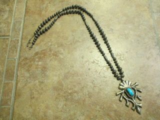 27 " Immaculate Vintage Navajo Sterling Turquoise Sand Cast Bench Bead Necklace