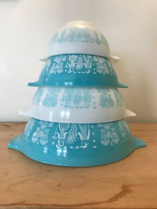 Vintage Pyrex Amish Butterprint Cinderella Bowls 441 - 444,  Set Of 4,  Turquoise