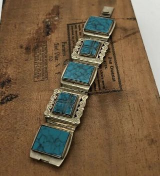 Vintage Mexican Sterling Silver Aztec Turquoise Panel Bracelet 925 5.  5 " Estate