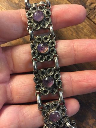 Fine Vintage Taxco Mexican Sterling Silver Purple Amethyst Panel Link Bracelet