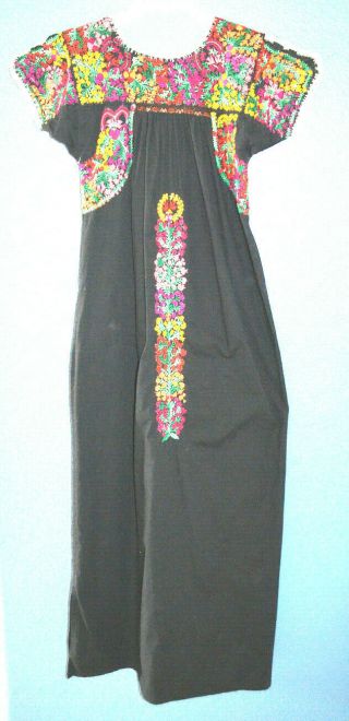 Vtg Long Black Oaxacan Mexican Hand Embroidered Festival Ethnic Dress - S/m