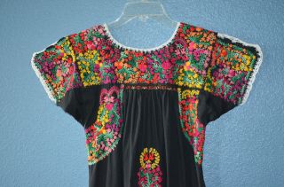 VTG Long Black OAXACAN MEXICAN hand Embroidered festival ethnic Dress - S/M 2