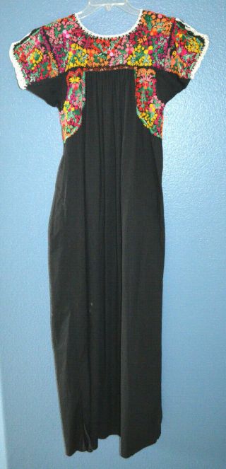 VTG Long Black OAXACAN MEXICAN hand Embroidered festival ethnic Dress - S/M 5
