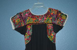 VTG Long Black OAXACAN MEXICAN hand Embroidered festival ethnic Dress - S/M 6