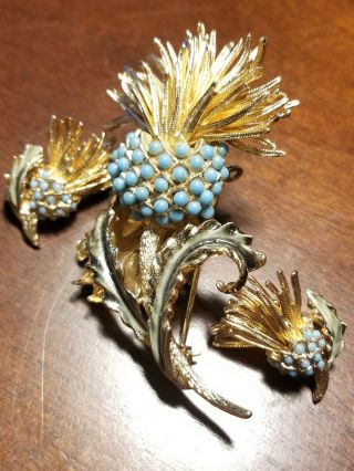 Vintage Signed Coro Blue Cab & Enamel Thistle Flower Brooch Pin And Earrings