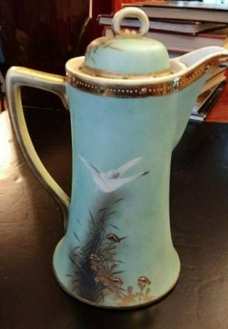 Rare 1910 Antique Nippon Tea Pot & Lid Flying Swan Geese Jeweled Moriage Teapot