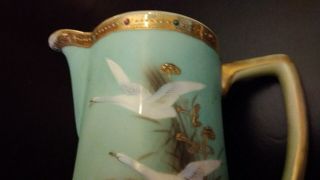 Rare 1910 Antique Nippon Tea Pot & Lid Flying Swan Geese Jeweled Moriage Teapot 7