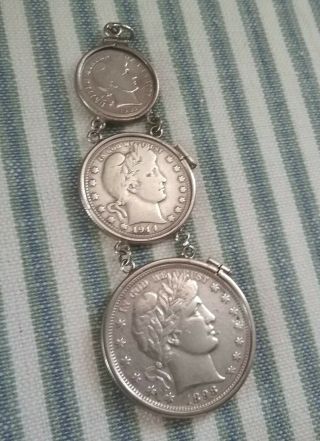 Antique Us 3 - Coin Pendant (dime,  Quarter,  Half - Dollar) In Sterling Bezels