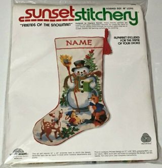 Christmas Sunset Crewel Stocking Kit Friends Of The Snowman Vintage Embroidery