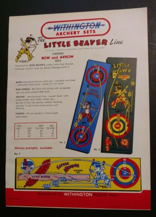 Rare Vtg 1954 Color Ad Withington Archery Set Little Beaver Line Indian Orig