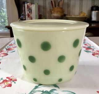 Vintage Mckee Green Dots On Custard Large Round Canister Dish & Lid 40 Oz.