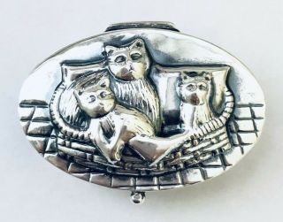 Vintage Oval 925 Sterling Silver Pill Box With Three Cats In A Basket