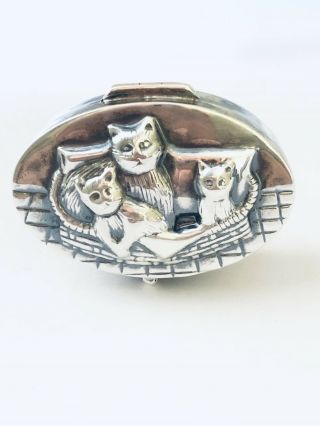 Vintage Oval 925 Sterling Silver Pill Box With Three Cats In A Basket 2