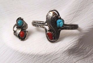 Vintage Navajo Sterling Silver Turquoise Coral Cuff Bracelet And Ring