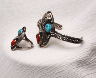 Vintage NAVAJO Sterling Silver Turquoise Coral Cuff Bracelet and Ring 2