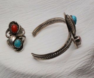 Vintage NAVAJO Sterling Silver Turquoise Coral Cuff Bracelet and Ring 4
