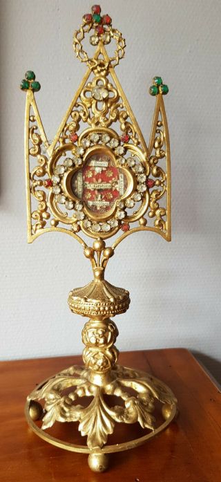 217) Antique Gilding Brass Monstrance 1st Class Relic Of St Benedict Aurelianus