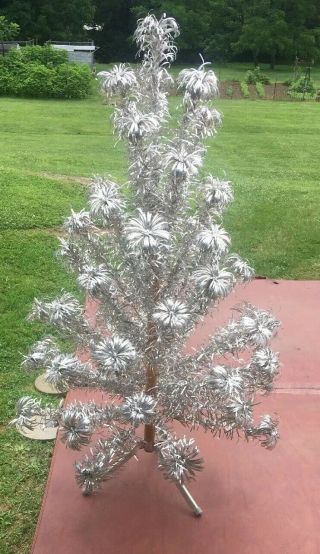 Aluminum Christmas Tree 4 Ft Vintage Silver Evergleam Legs Stand Pom