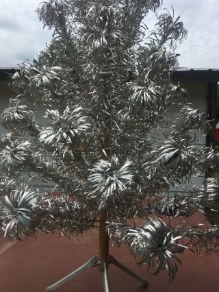 Aluminum Christmas Tree 4 Ft Vintage Silver Evergleam Legs Stand Pom 5