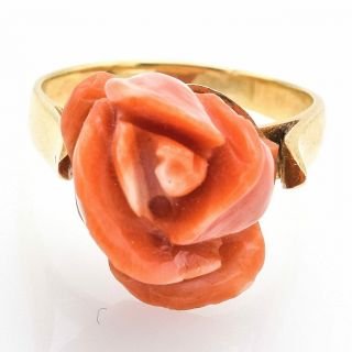 Vintage 14k Yellow Gold Red Coral Carved Rose Flower Ring 4.  3 Grams