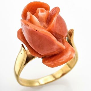 Vintage 14K Yellow Gold Red Coral Carved Rose Flower Ring 4.  3 Grams 5