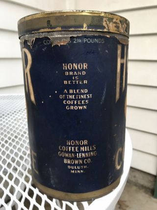 HONOR Coffee Tin Can VINTAGE Duluth MN 2 - 1/2 lb Geo Washington Gowan Lenning 3