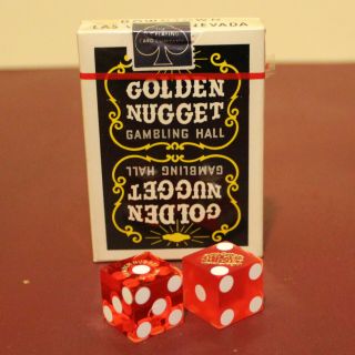 Vintage 1970s Golden Nugget Gambling Hall Black Deck Cards,  Pair Dice