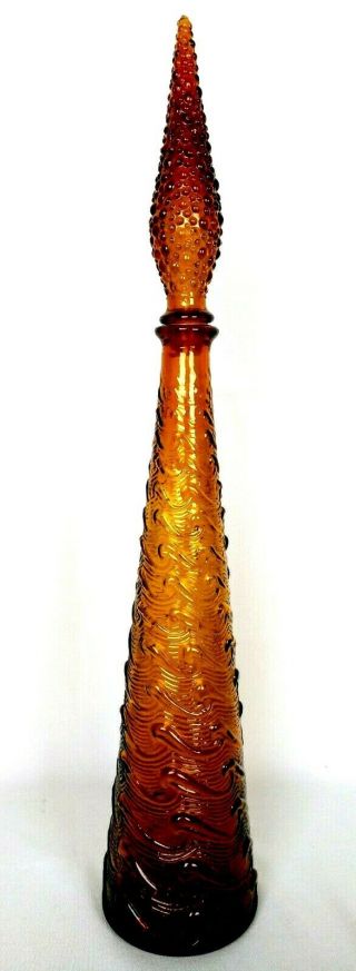 Vintage Genie Decanter Glass Bottle Amber Hobnail Stopper Empoli Italy 1960s 22 "