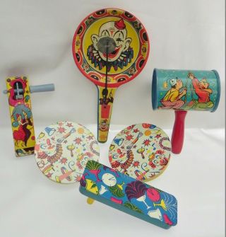 6 Vintage Assorted Colors Clowns / Circus Years Metal Noise Makers All Work