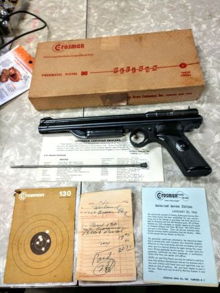 Vintage Crosman 130 Pellet Pistol,  22 Cal,  Box,  Papers,  Usa,  Parts.