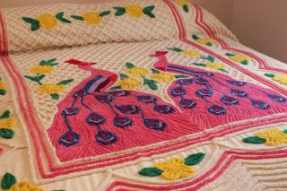 Vintage Cotton Chenille Bedspread 88x90 Exquisite Color & Peacocks