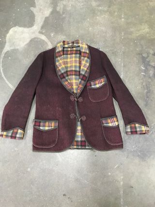 Antique 1920 Wool Plaid Smoking Jacket Playboy Toggles Burgandy Shawl Collar Vtg