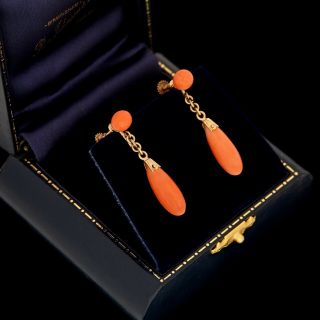 Antique Vintage Art Deco 18k Gold Chinese Carved Angelskin Coral Dangle Earrings