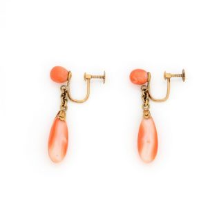 Antique Vintage Art Deco 18k Gold Chinese Carved Angelskin Coral Dangle Earrings 2