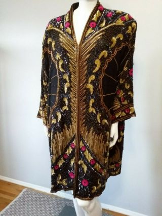 Awesome Vintage Long Beads & Sequin Silk Long Jacket City Coat