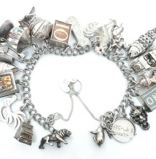 Rare Antique Vintage Sterling Silver Opening Articulated 19 Charm Charm Bracelet