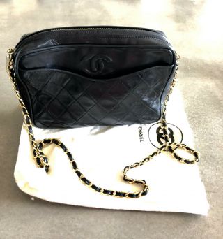Vintage Chanel Black Quilted Cc Logo Lambskin Leather Camera Bag